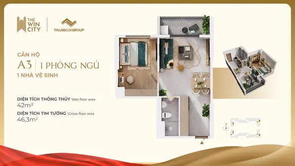Mẫu A3 · 1PN · 1WC · 42,0 m²