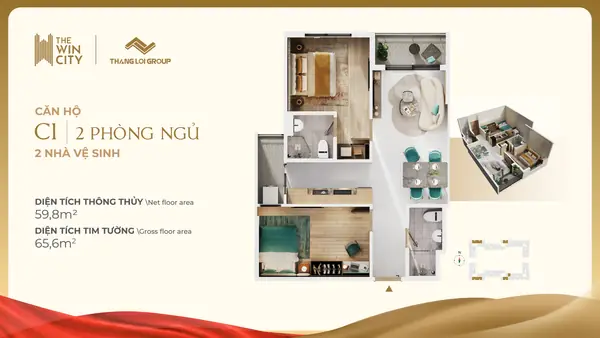Mẫu C1 · 2PN · 2WC · 59,8 m²