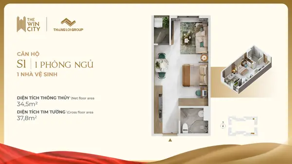 Mẫu S1 · Studio · 1PN 1WC · 34,5 m²